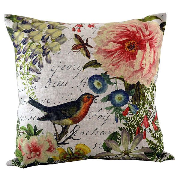 18" White and Pink Songbird and Blossoming Floral Accents Throw Pillow Golden Hill Studio