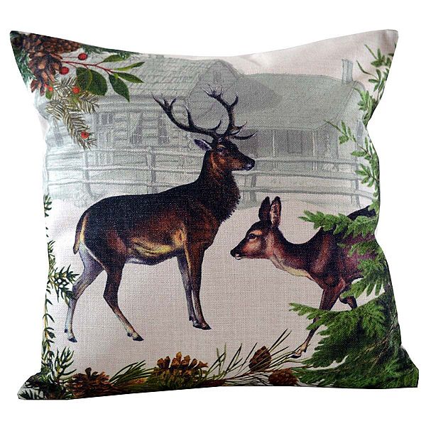 18" Black and Green Buck with Farmhouse Background Throw Pillow Golden Hill Studio