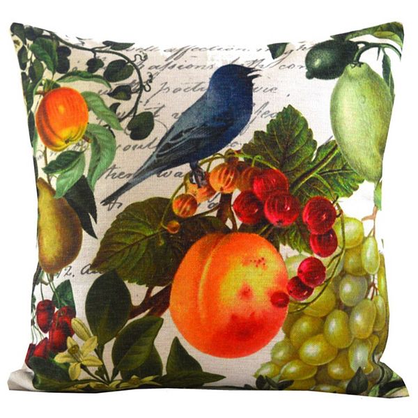 18" White and Blue Bird Fruit Throw Pillow with Insert Golden Hill Studio