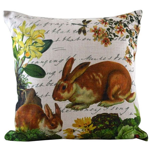 18" Brown Bunnies with Floral Accents and Calligraphy Background Throw Pillow Golden Hill Studio