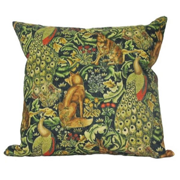 18" Green Antique Peacock and Rabbit Throw Pillow Cover Golden Hill Studio