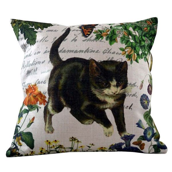 18" Black and White Kitten on a Calligraphy Background Throw Pillow Cover Golden Hill Studio