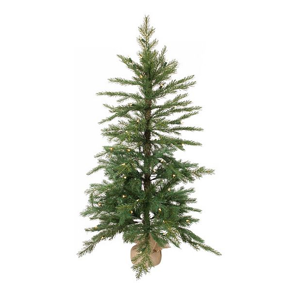 4’ Green Prelit Pine Christmas Tree in Burlap Base Contemporary Home Living