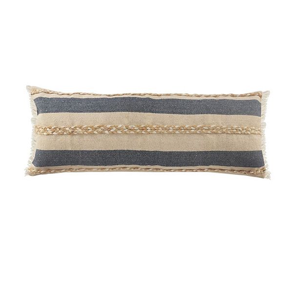 36" Blue and Tan Striped Rectangular Lumbar Pillow with Jute Braiding Laddha Home Designs