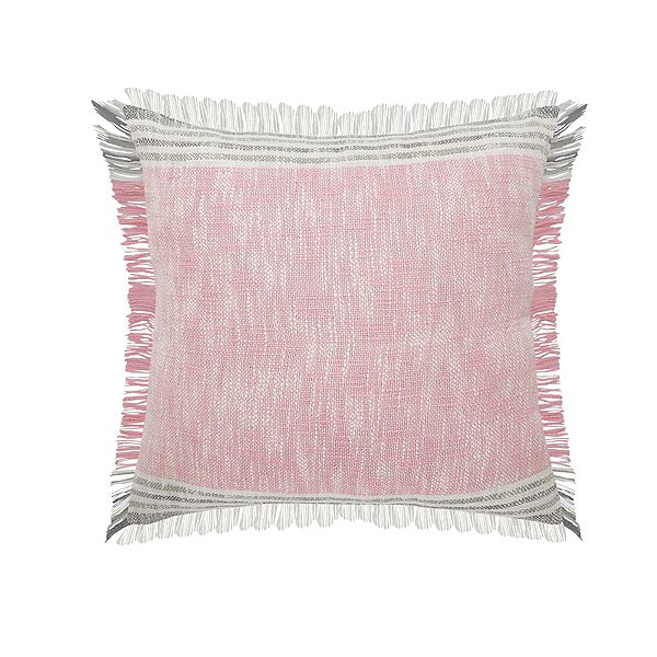 20" Pink and Gray Handmade Square Throw Pillow with Fringe Laddha Home Designs