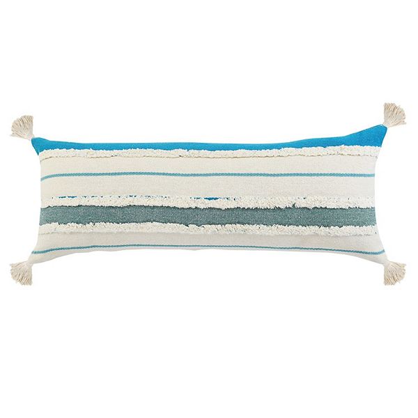 36" Turquoise and White Striped Hand Loomed Rectangular Lumbar Pillow Laddha Home Designs