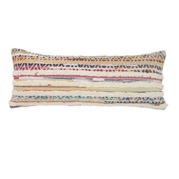 36" White and Beige Chevron Striped Handmade Rectangular Lumbar Pillow Laddha Home Designs