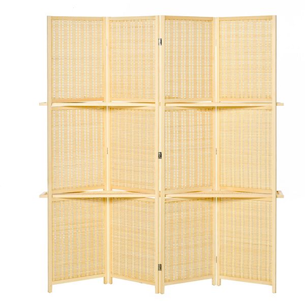 6' Folding Privacy Screen Indoor Room Divider W/ 2 Open Display Shelves, Natural HomCom