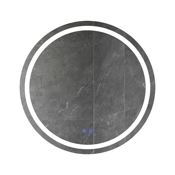 32 x 32 Inch Round Frameless LED Illuminated Bathroom Mirror, Touch Button Defogger, Metal, Frosted Edges, Silver Benzara