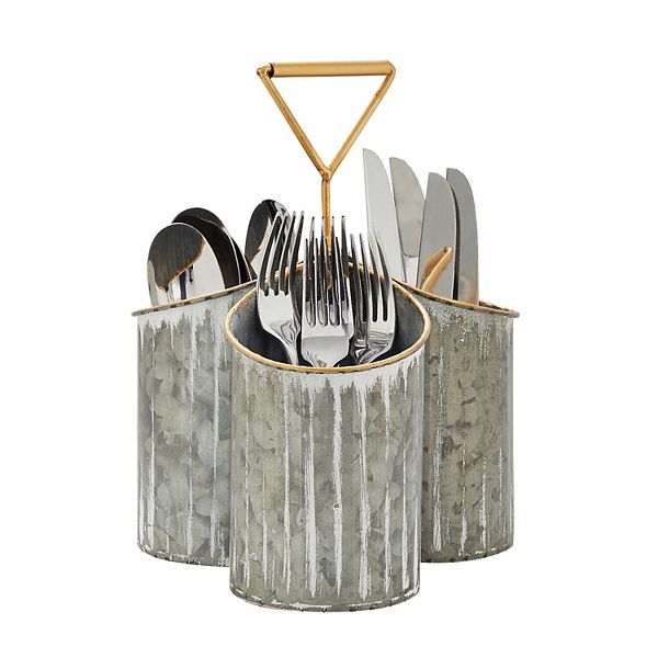 3 Compartment Galvanized Utensil Holder for Countertop (Rustic, 7.8x8x10.6 In) Farmlyn Creek