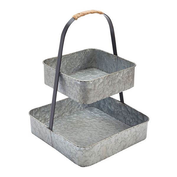 Square 2 Tiered Tray Stand with Handle for Farmhouse Decor, Galvanized, 12x17 In Farmlyn Creek