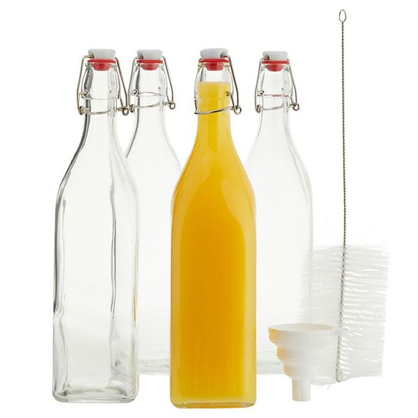 4 Pack 32 Oz Clear Square Swing Top Glass Bottles, Homemade Brew W Brush, Funnel Juvale