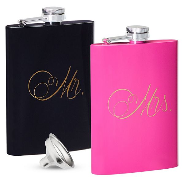 Set Of 2 Bride And Groom Flask, Mr And Mrs Wedding Gifts, Pink And Black, 7.5 Oz Blue Panda