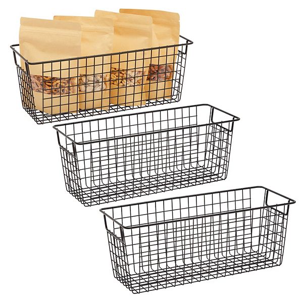 3 Pack Metal Wire Storage Baskets for Shelves, Pantry, Closet, Long Narrow Organizer Bin (Black, 16 x 6 x 6 In) Farmlyn Creek