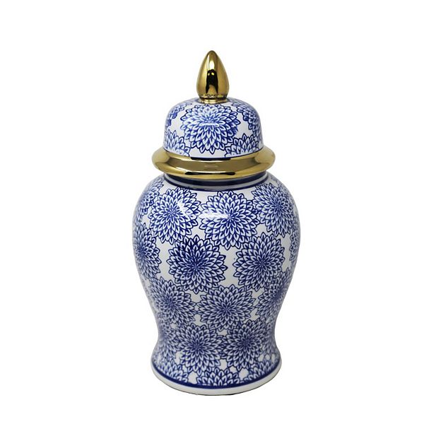 14.5" White and Navy Blue Decorative Dalhia Flower Temple Jar with Lid Kingston Living