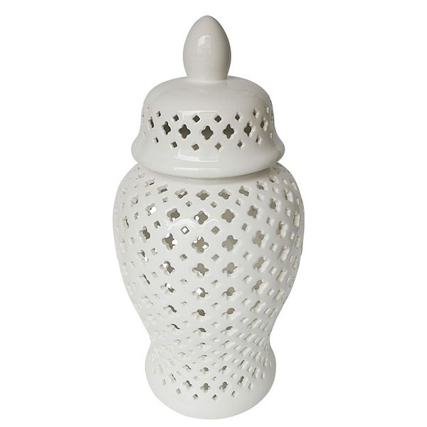 24" White Ceramic Cut Out Clover Temple Jar Kingston Living