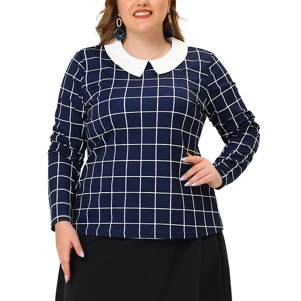 Women's Plus Size Peter Pan Collar Long Sleeve Plaid Work Blouse Agnes Orinda