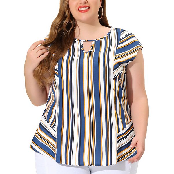 Women's Plus Size Summer Keyhole Cap Sleeve Stripe Boho Blouse Agnes Orinda