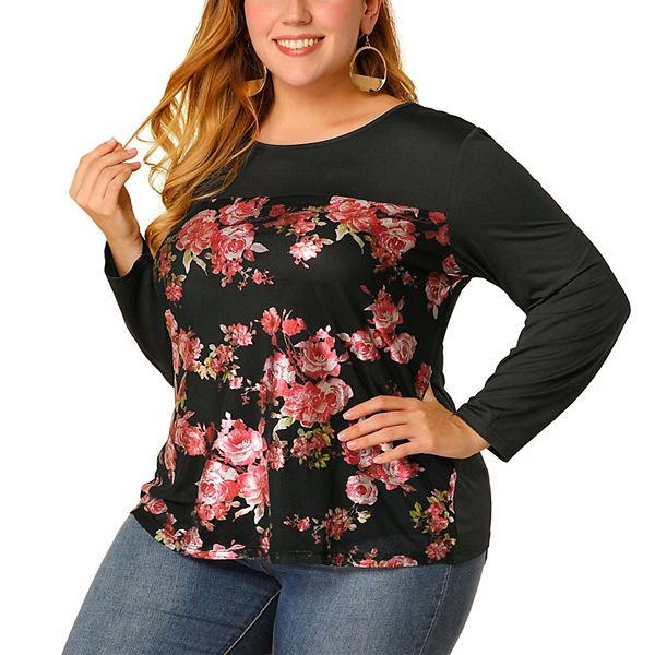 Women's Plus Size Winter Contrast Panel Floral Casual Retro Tops Agnes Orinda