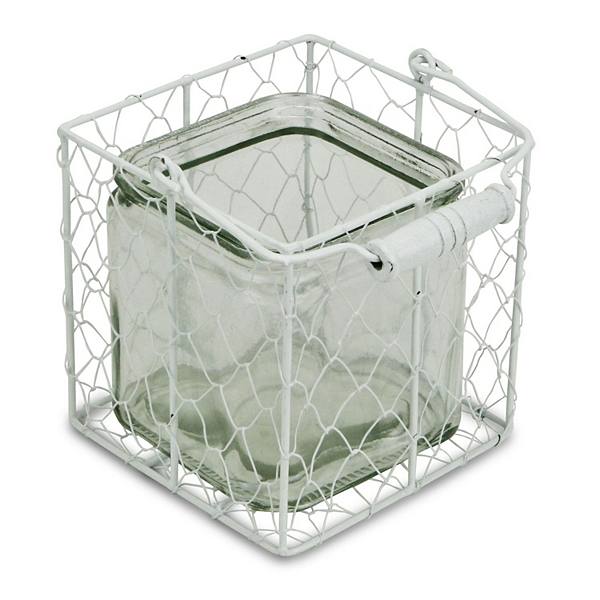 5.5" Clear and White Square Glass Jar in Wire Basket with Handle Contemporary Home Living