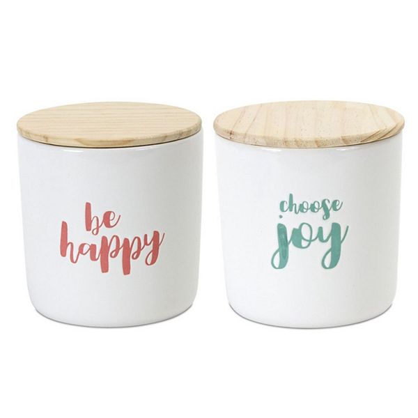 Set of 2 White Stoneware with Wooden Cover 2-Assorted Canisters 4.75" Contemporary Home Living