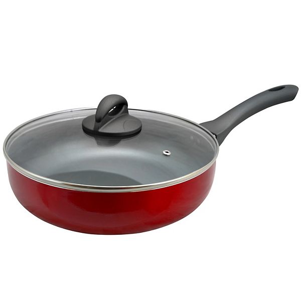 Oster Cocina Herscher 3.5 Quart Aluminum Sauté Pan with Tempered Glass Lid in Red Oster Cocina