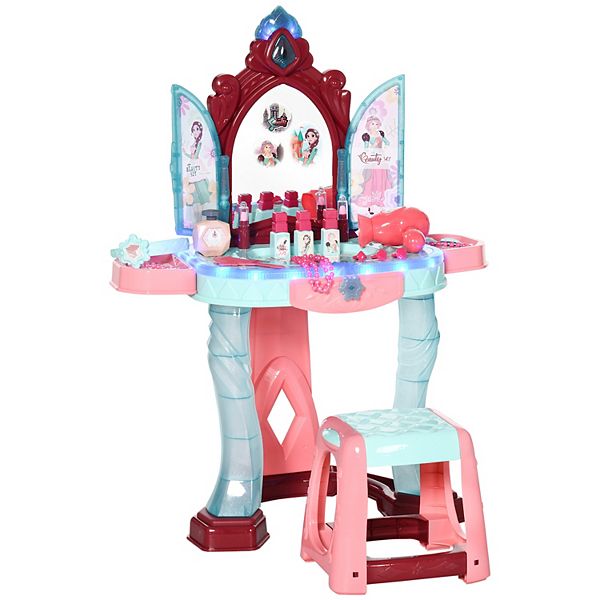 Qaba Kids Vanity Makeup Table Set with Chair and 31-Piece Collection, Mirror Princess Vanity Table with Self-Opening Magic Mirror, Music, Light, Imaginative Toy for 3 Years Old Sky Qaba