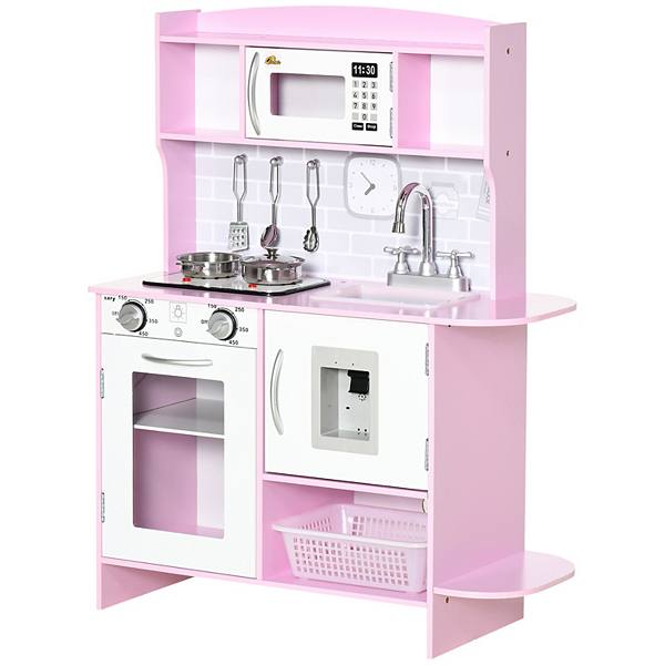 Qaba Pretend Play Kitchen with Sound Effects and Stove Lights, Kids Kitchen Playset with Storage, Water Dispenser Preschool & Kindergarten Gift for 3-6 Years Old, Pink Qaba