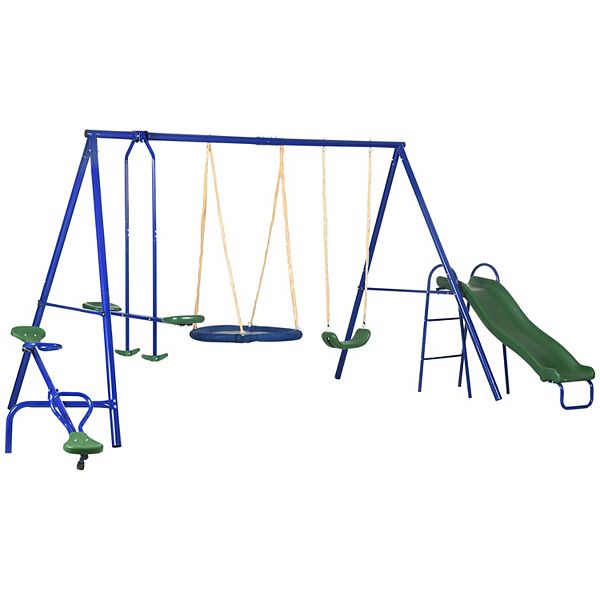 Outsunny 5-in-1 Kids Swing Set Backyard Playground Set with Saucer Swing, Outdoor Slide, Seesaw, Metal Swing Set Kids Outdoor Playset Playground Equipment Outsunny