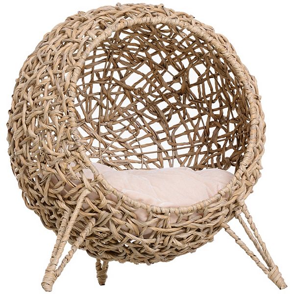 PawHut 20.5" Rattan Cat Bed, Elevated Wicker Kitten House Round Condo with Cushion, Natural PawHut