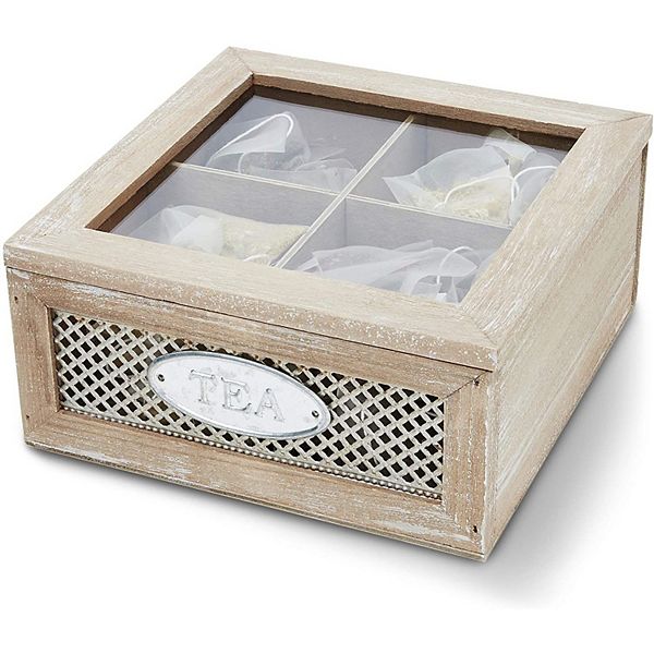 Wooden Box for Tea Bags Organizer, Cute Rustic 4-Compartment Container with Clear Lid (7 x 7 x 3 In) Juvale