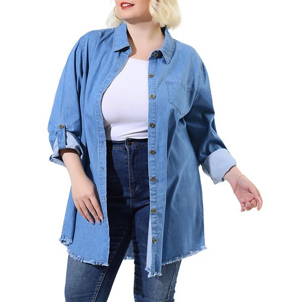 Women's Plus Size Long Sleeve Button Down Denim Long Shirt Jacket Agnes Orinda