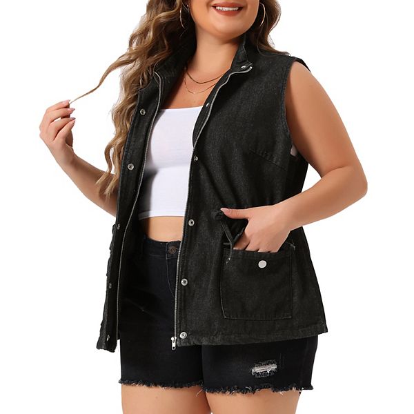 Women's Plus Size Fashion Sleeveless Jacket Drawstring Zip Denim Vest Agnes Orinda