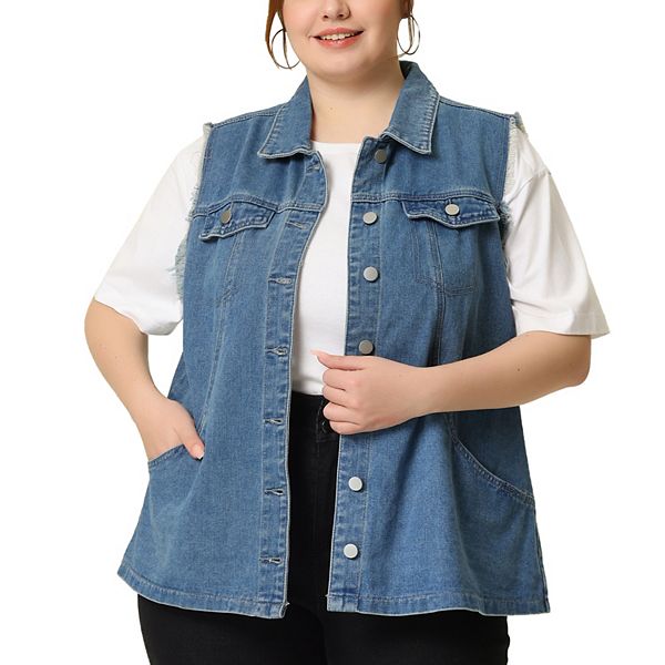 Women's Plus Size Button Down Raw Sleeveless Denim Jackets Agnes Orinda