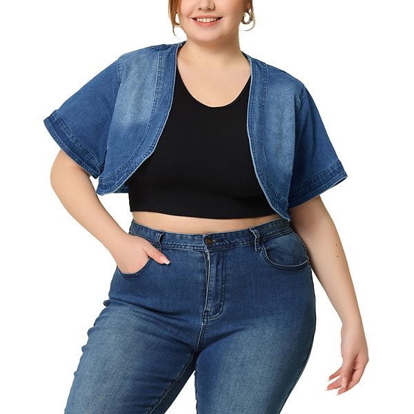 Plus Size Denim Cardigan for Women Casual Crop Jackets Short Sleeve Jean Jacket Shrug Agnes Orinda