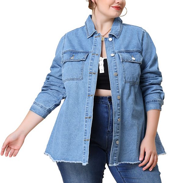 Women's Plus Size Casual Washed Frayed Denim Jacket Agnes Orinda