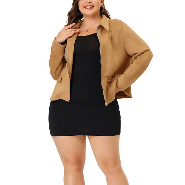 Women's Plus Size Lapel Flap Pockets Zip Up Faux Suede Jacket Agnes Orinda