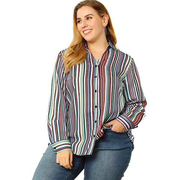 Women's Plus Size Rainbow Striped Button Down Shirts Agnes Orinda