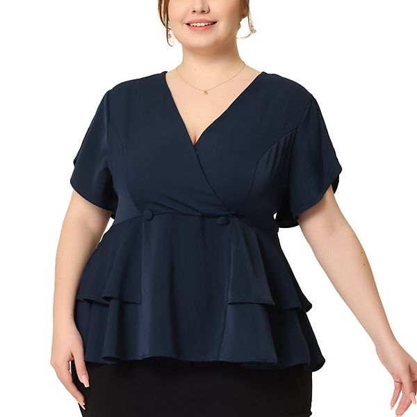 Plus Size Peplum Top for Women Work V Neck Ruffle Hem Buttons Front Blazers Top Agnes Orinda