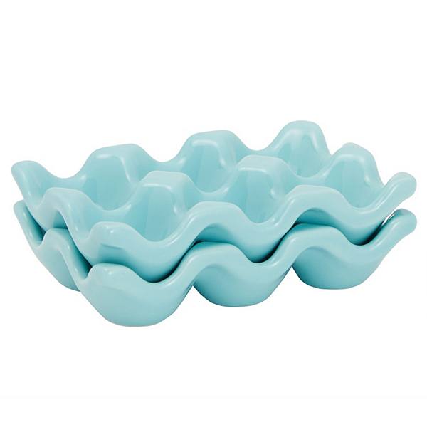 2 Pack Ceramic Half Dozen Egg Tray Holder for Countertop, Refrigerator, Teal Farmlyn Creek