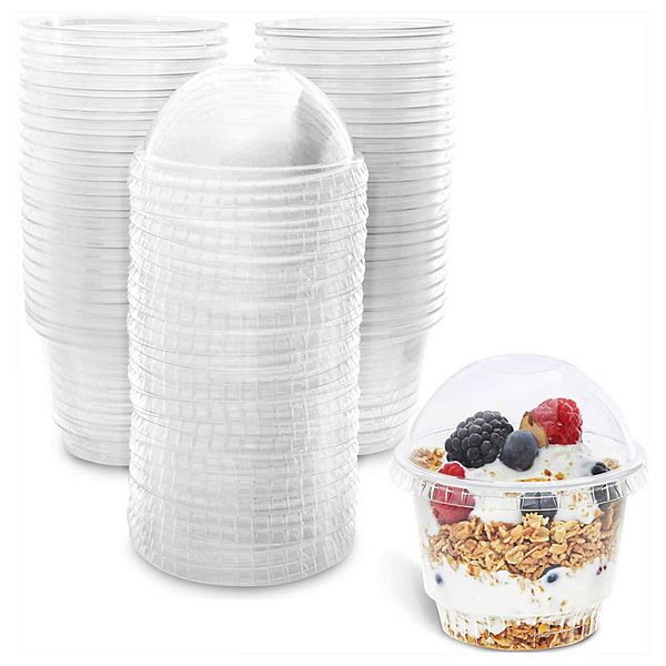 50 Pack Clear 8 oz Plastic Cups with Lids for Banana Pudding, Ice Cream Sundae, Parfait Juvale