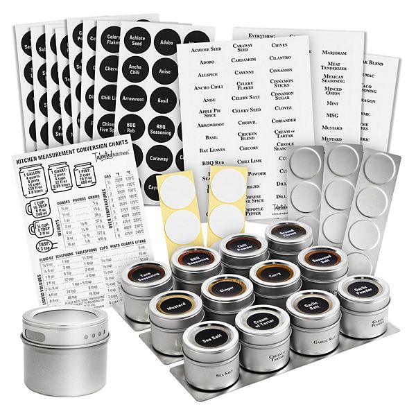 12 Pack 3 Oz Magnetic Spice Tins, 3 Wall Plates, 269 Seasoning Labels Talented Kitchen