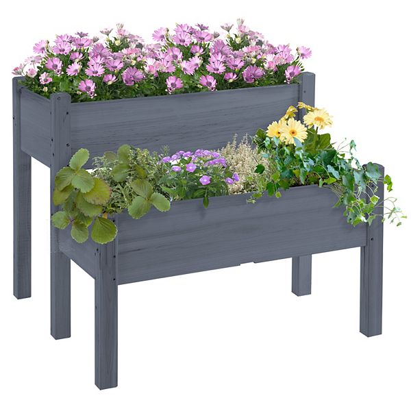 Outsunny 34" x 34" x 28" Raised Garden Bed 2-Tier Wooden Planter Box for Backyard, Patio to Grow Vegetables, Herbs and Flowers, Gray Outsunny