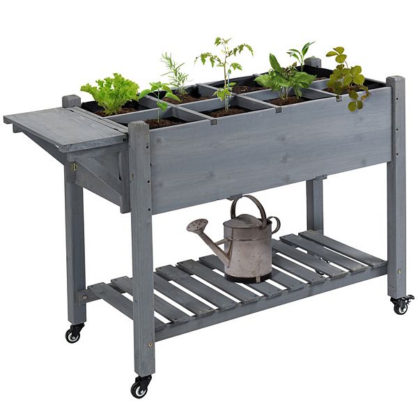 Outsunny 49" x 21" x 34" Raised Garden Bed w/ 8 Grow Grids, Outdoor Wood Plant Box Stand w/ Folding Side Table and Lockable Wheels for Vegetables, Flowers, Herbs, Gray Outsunny