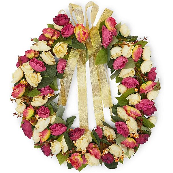 Rose Wreath with Ribbon for Front Door, Valentine Decor (13.3 in, Red, Yellow) Okuna Outpost