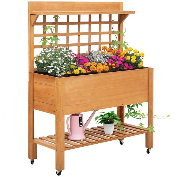 Outdoor Wooden Elevated Growing Plant Bed W/ Shelves For Tool Storage & Wheels Outsunny