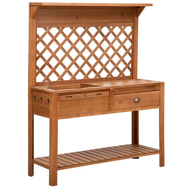 Outsunny 48'' Garden Wooden Potting Bench Table w/ Metal Screen Draining Area Side Hooks Drawer Open Upper/Lower Shelf Outsunny