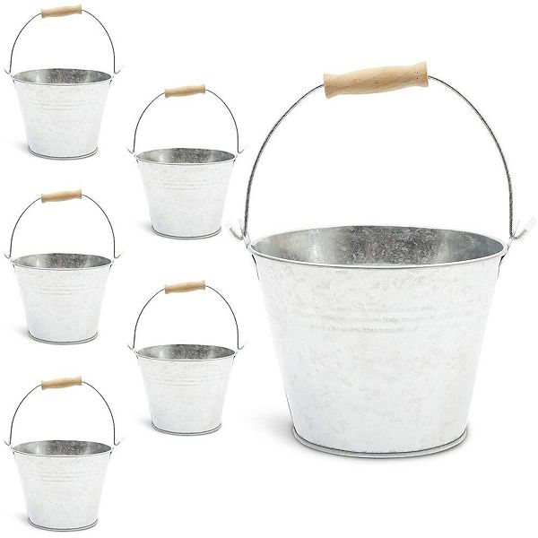 Galvanized Metal Buckets with Wooden Handles for Decoration (4.5 in, 6 Pack) Juvale