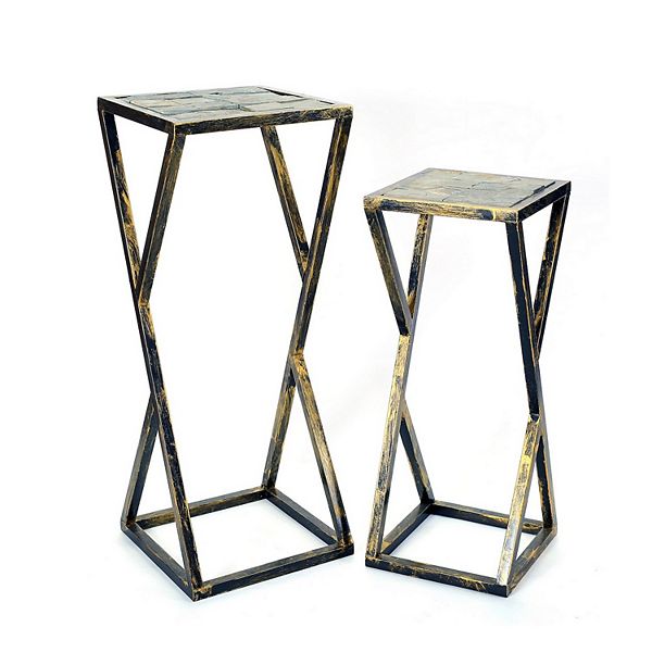 Stone Top Plant Stand with Geometric Base, Set of 2, Black and Gray Benzara