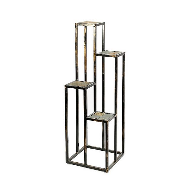 4 Tier Cast Iron Frame Plant Stand with Stone Topping, Black and Gold Benzara